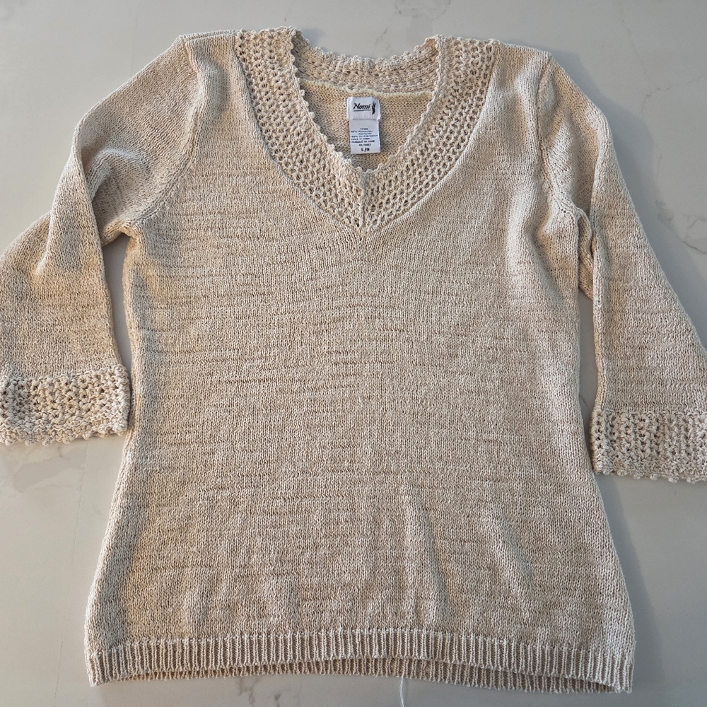 Nomi Lightweight Crochet Detail V-Neck Wheat 40% Cotton 3/4 Sleeve Sweater